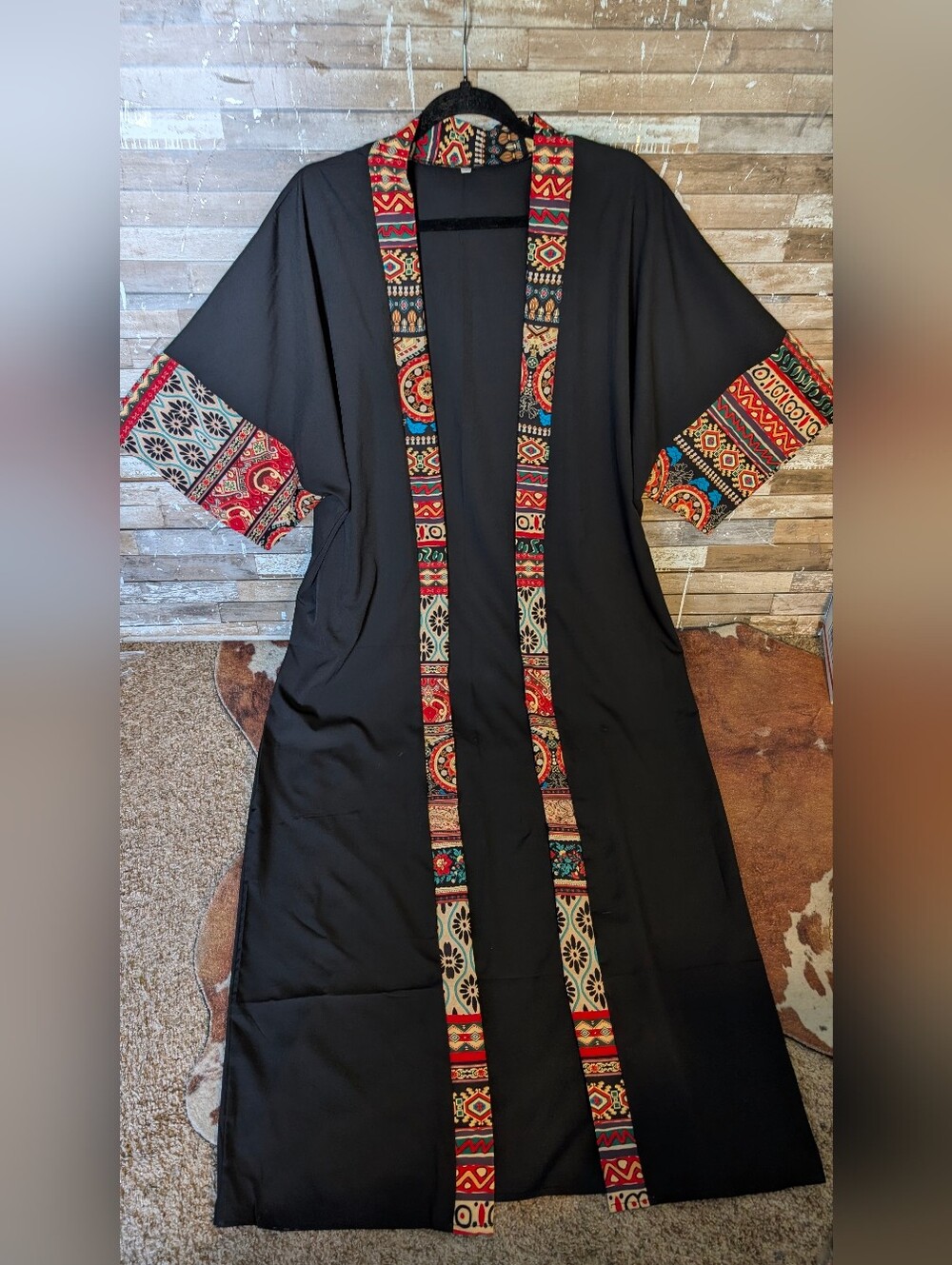 Beautiful Unbranded Long Black Kimono With Ethic Style Trim